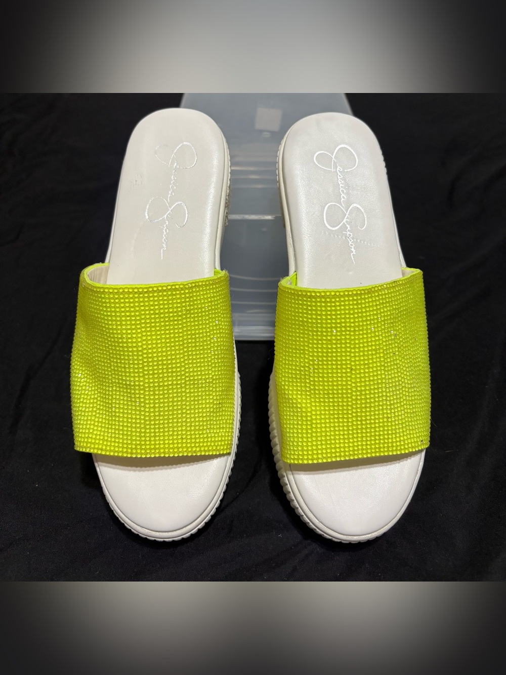 Jessica Simpson mules, slide in neon lime shimmery with 1-1/2”Heels